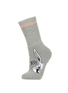 Gray kids' sock with cartoon bunny and pink stripe at top.