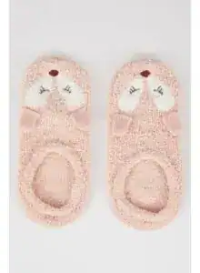 Pink fluffy slippers with bunny face design for children.
