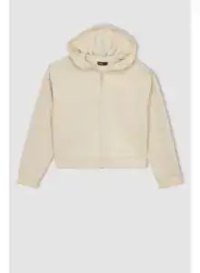 Cream zip-up hoodie with hood and long sleeves for women.