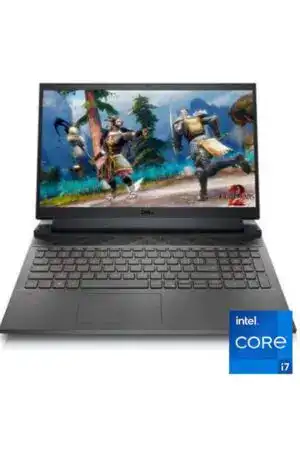 Dell laptop displaying a gaming scene with Intel Core i7 badge.