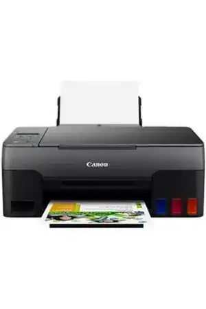 Canon inkjet printer printing colorful photo with ink cartridges visible.